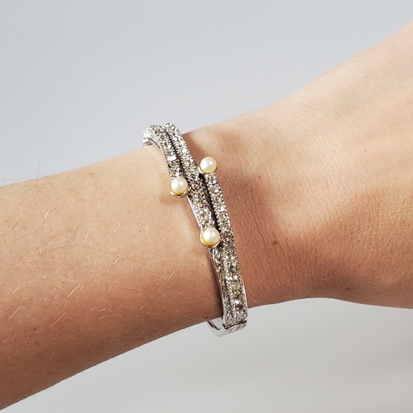 Antique Jewelry - Antique Silver Textured Bracelet with Rhinestones and Pearls